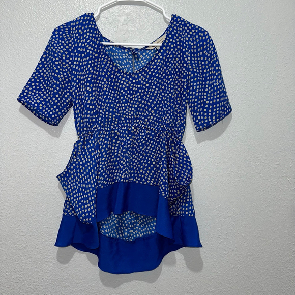 Women's BCBGeneration Blue Yellow Polka Dot Peplum Blouse XS Pockets Zip Up - Picture 8 of 13